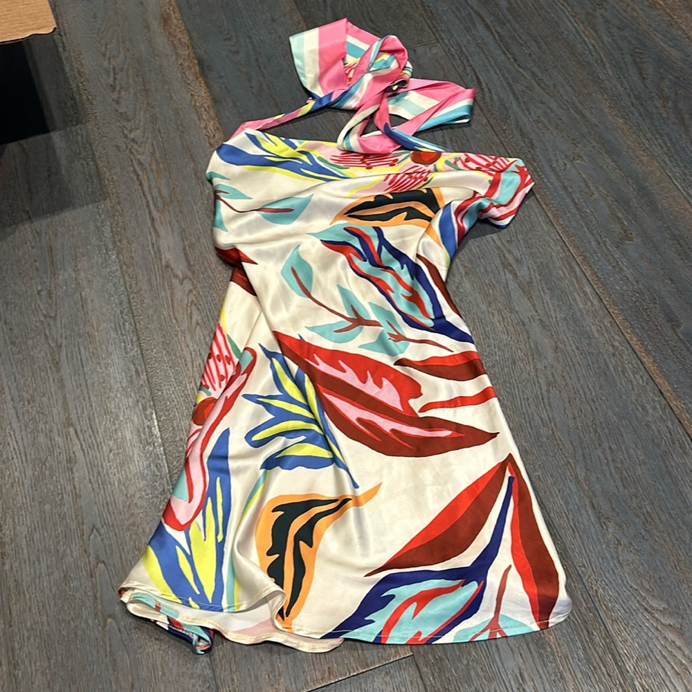 Floral cowl-neck silk mini dress